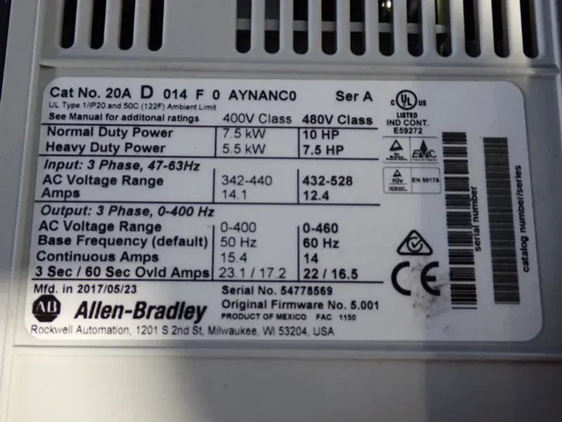 ALLEN BRADLEY 10 HP SERIES A POWERFLEX70  -  20AD014FA0YNANC0