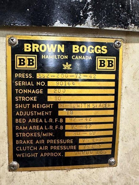 200 ton Brown Boggs SS2-200-72-42 Straight Side Mechanical Press For Sale