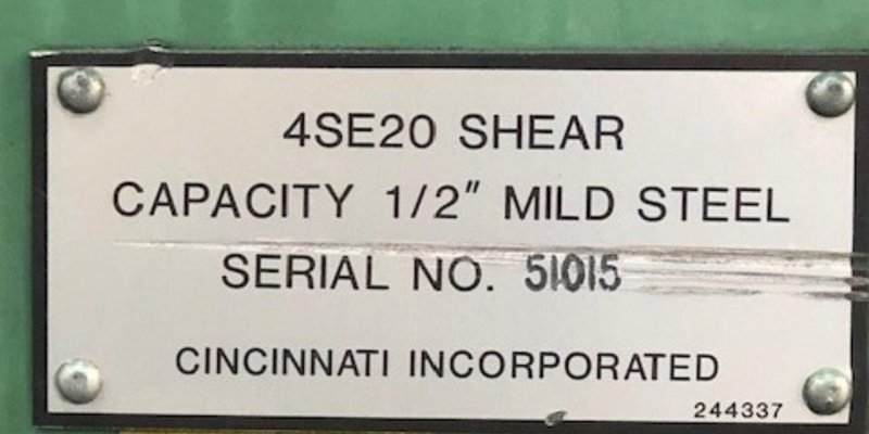 20' X 1/2" CINCINNATI MODEL #4SE20 HYDRUAULIC SHEAR: YOBRO #25441