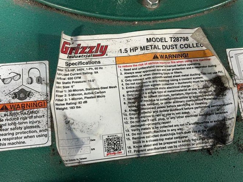 GRIZZLY INDUSTRIAL 1.5 HP DUST COLLECTOR   -  T28798