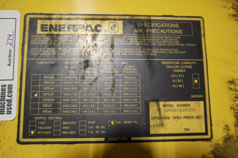 Enerpac GPER5420GFH Electric Hydraulic Pump Unit, 10,000 PSI with 5 Gallon Oil Tank- Auction Item