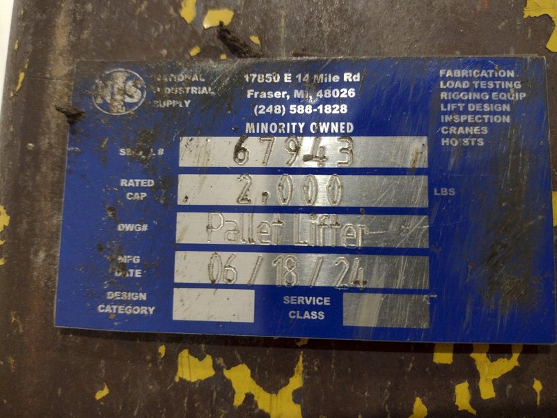 2,000 LB x 42&quot; x 48&quot; NATIONAL IND PALLET LIFTER CRANE ATTACHEMENT: STOCK #22369
