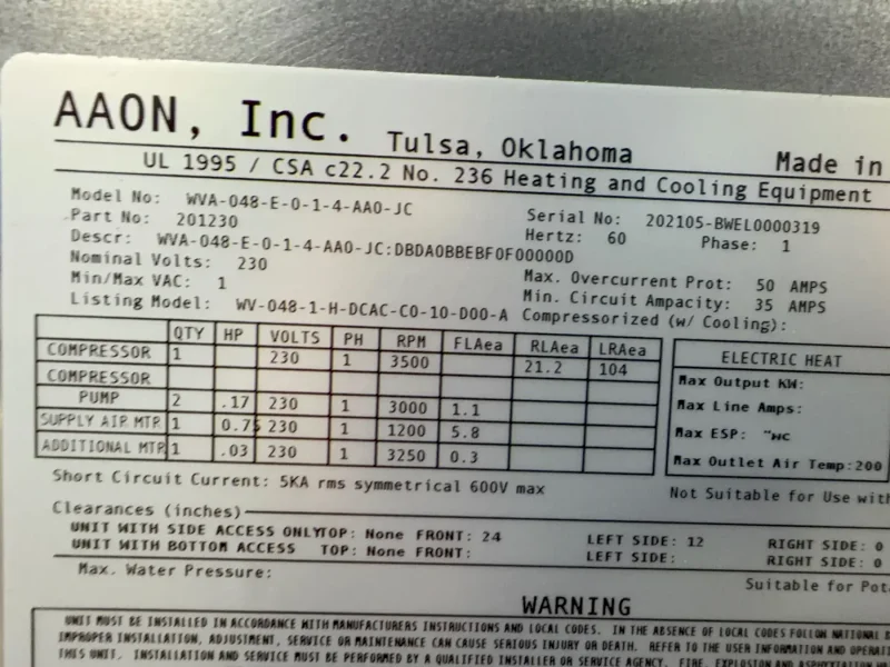 AAON DANDELION HEAT PUMP  -  WVA-048-E-0-1-4-AA0-JC