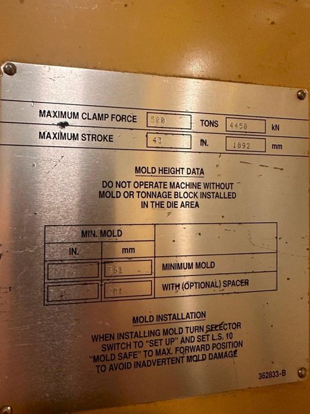 2002 Van Dorn Demag 500SP2800 – 500 Ton Hydraulic Press, 59.2 oz Shot (~1,676 g), Pathfinder Control, Preform-ready