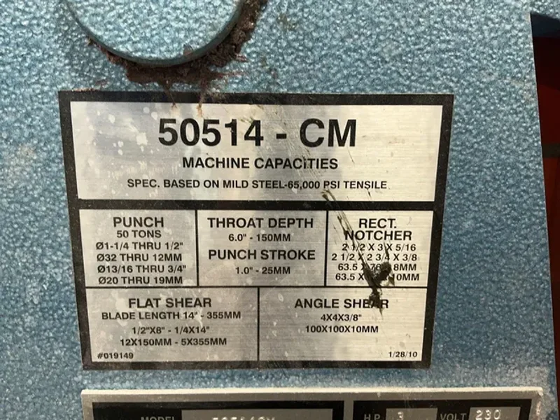 SCOTCHMAN INDUSTRIES, INC. 6” THROAT, 1” PUNCH STROKE HYDRAULIC IRONWORKER  -  50514CM