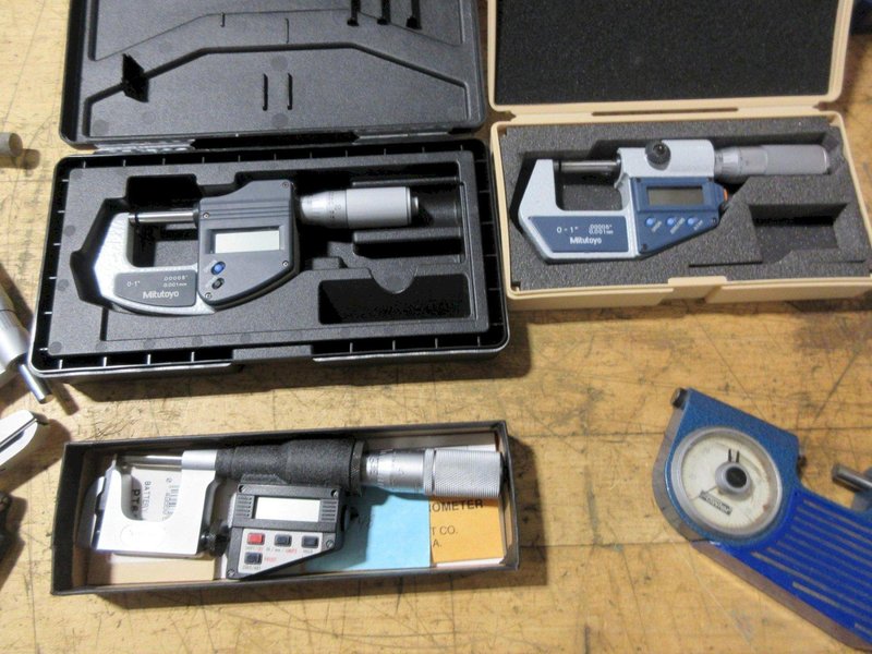 Micrometers Mostly Vernier Type some Digital, Various Brands and Blade Styles, and Box Of Setting Standards- Auction Item