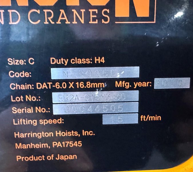 1/2 Ton Harrington Electric Chain Hoist, Pendant, Trolley, 3 Phase