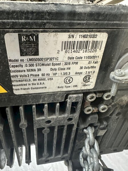 1/2 TON R&amp;M LOADMATE POWERED CHAIN FALL HOIST. STOCK # 1157522