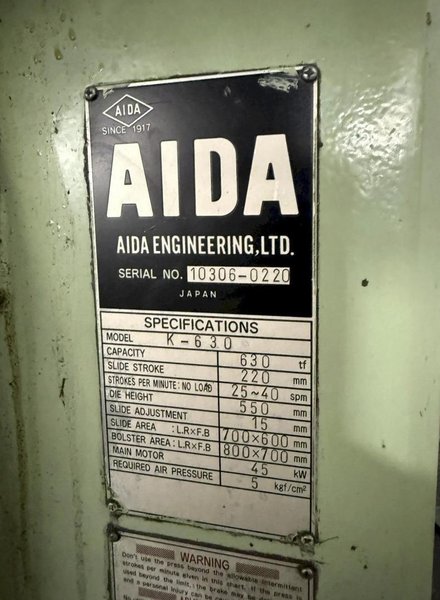 630 TON AIDA K-630 KNUCKLE JOINT PRESS. STOCK # 0758426