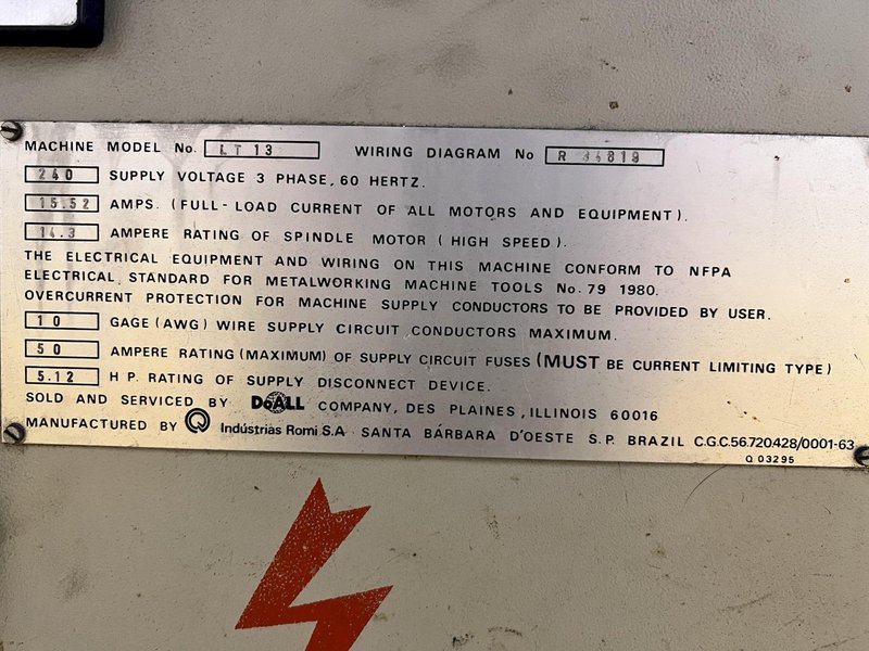 13" X 60" DOALL MODEL #LT13 ENGINE LATHE, 1-9/16" HOLE: STOCK #21726