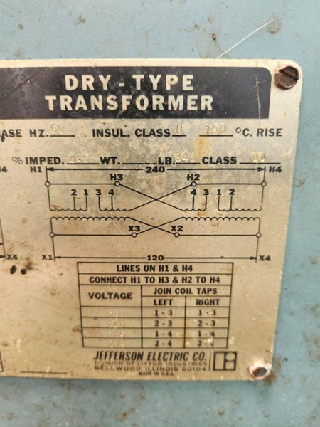 37.5 KVA POWERFORMER 240X480 - 120/240 ELECTRICAL TRANSFORMER: STOCK #23445