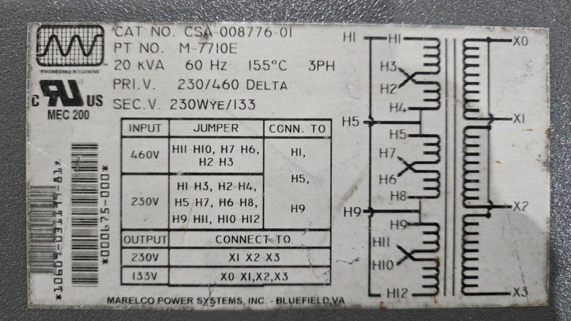 MARELCO POWER SYSTEMS M-7710E / CSA-008776-01 20KVA 230V TRANSFORMER USED