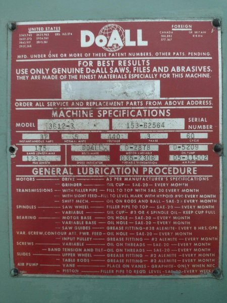 36" DOALL MODEL #3612-3 VERTICAL BAND SAW: YOBRO #25847