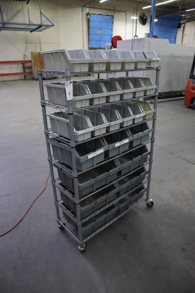 Rolling Wire Rack, (7) Shelves with Plastic Bins 36"x14"x55"- Auction Item