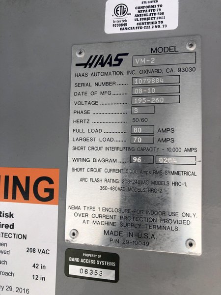HAAS VM-2 CNC Vertical Machining Center 2010 equipped with Haas Control,  24 ATC Side Mount Tool Changer, Tool Pre-Setter, Cool, Chip Auger
