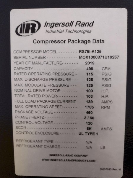 100 HP INGERSOLL-RAND MODEL RS75i-A125 ROTARY SCREW AIR COMPRESSOR W/ AIR DRYER: YOBRO #25976