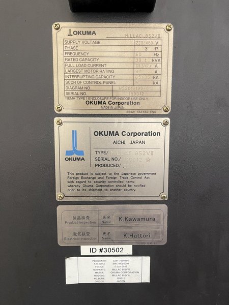 2016 OKUMA MILLAC 852VII VERTICAL MACHINING CENTER + 80&quot; X AXIS TRAVEL, 6k RPM GEAR HEAD SPINDLE, CT 50 V-Flange With BIGPLUS