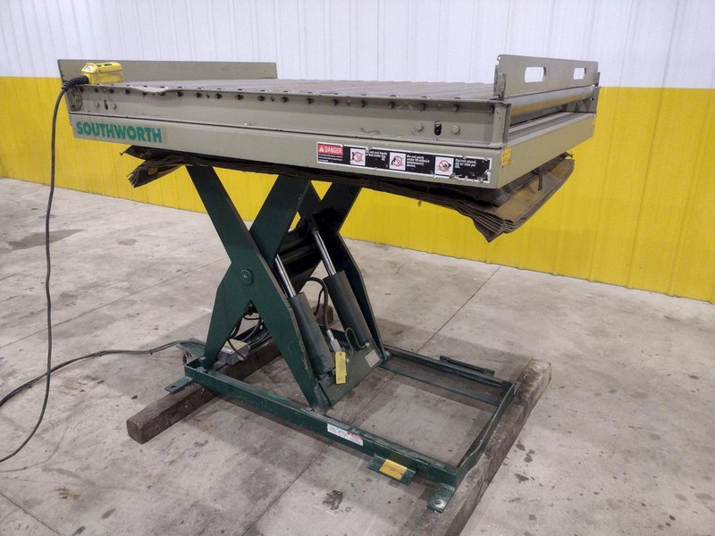 3800 LBS X 60" X 42" SOUTHWORTH MODEL #LS4-36 HYDRAULIC SCISSOR LIFT TABLE WITH ROLLER TOP, 110 VOLT: STOCK #20884