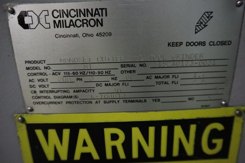 Cincinnati MT Monoset Tool &amp; Cutter Grinder, REBUILT in 2020- Auction Item