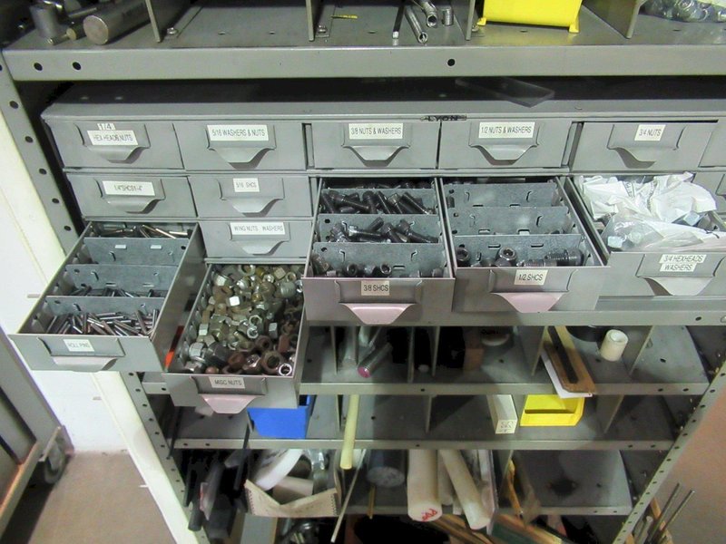 Metal Shelving Unit with Contents including Hardware, Threaded Rod and MORE- Auction Item