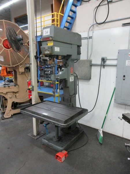 Edlund Model 2F15 30" Floor Model Drill Press, 15" Throat, 6" Hand Quill Feed, 38"x24.5" Adjustable Height Work Table with Oil Gutters, Variable Spindle Speeds 100-2400 RPM, 2HP Drive Motor, Remote Foot Jog- Auction Item