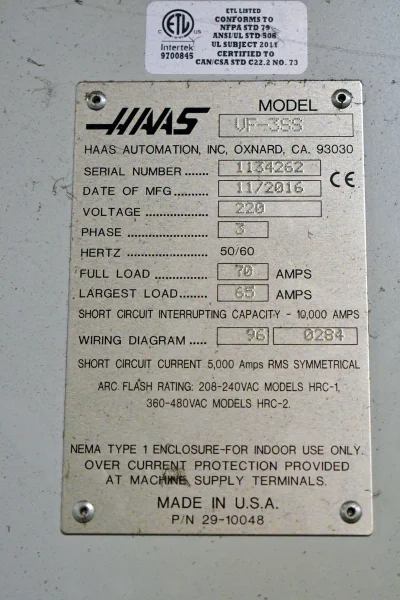 2016 Haas Model VF-3SS CNC Vertical Machining Center
