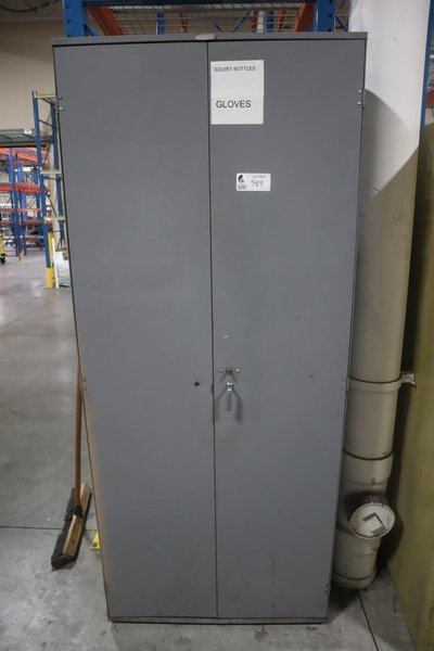 Metal 2 Door Storage Cabinet with Contents of Work Gloves, Box Stapler and Hand Tools- Auction Item