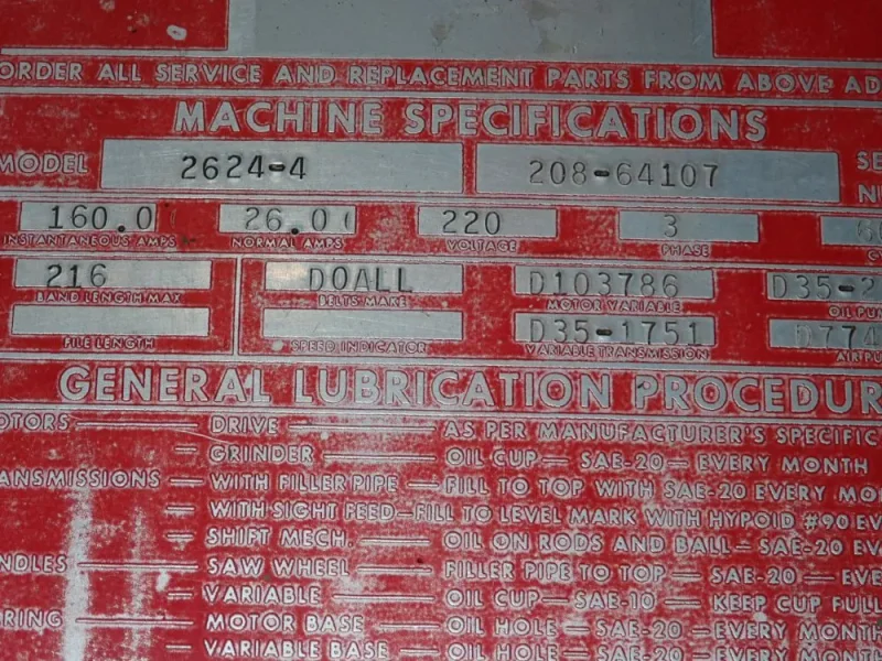 DOALL 26" THROAT VERTICAL BAND SAW  -  2624-4