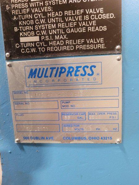 20 Ton MultiPress Model FH-20-20H Floor Type C-Frame Hydraulic Press 21” DL. 12” Stroke. Inching. Dual Palms 1989