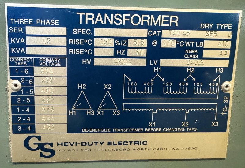 45 KVA Hevi-Duty Transformer,  3 Phase, High Voltage 480V, Low Voltage 240