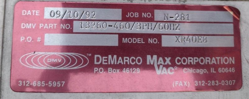 40 HP DEMARCO MAX VAC MODEL #XR40E8 INDUSTRIAL VACUUM &amp; HOPPER: STOCK #19483