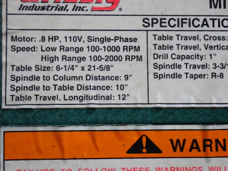 GRIZZLY INDUSTRIAL INC 6-1/4” X 21-5/8” VERTICAL MILL/DRILL  -  G0463