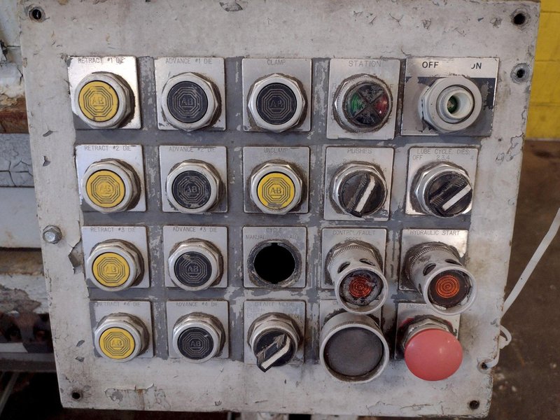 25,000 LB. MITCHELL MODEL #PP550 (4) DIE IN LINE TUBULAR CONVEYOR ROLL SHAFT END FORMING MACHINE: STOCK #15297