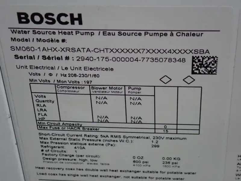 Bosch Water Source Heat Pump - Sm060-1ahx-xrsata-chtx