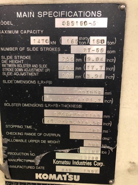 165 Ton Komatsu Gap Frame Press
