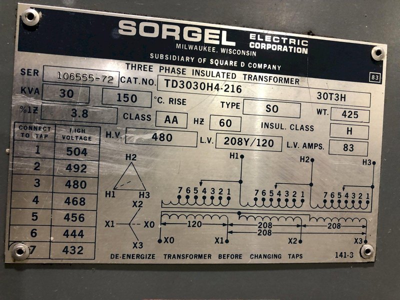 30 KVA 3 PHASE SORGEL 480HV TO 208/120 ELECTRICAL TRANSFORMER: STOCK 17194