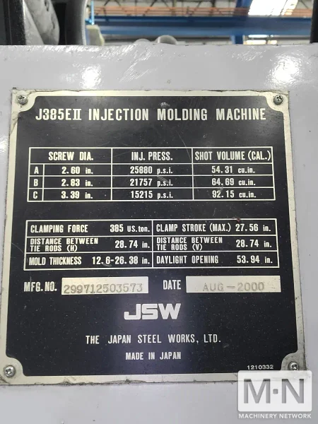 385 TON 30 OZ JSW MODEL J385EII INJECTION MOLDING MACHINE MFG 2000