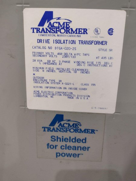 20 KVA ACME 480 DELTA --&gt; 230 Y TRANSFORMER: STOCK #22785