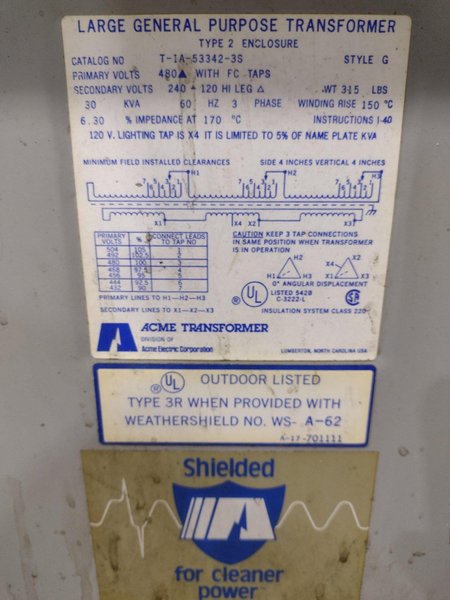 30 KVA ACME 480 TO 240/120 VOLT GENERAL PURPOSE 3 PHASE ELECTRIC TRANSFORMER: STOCK #19440