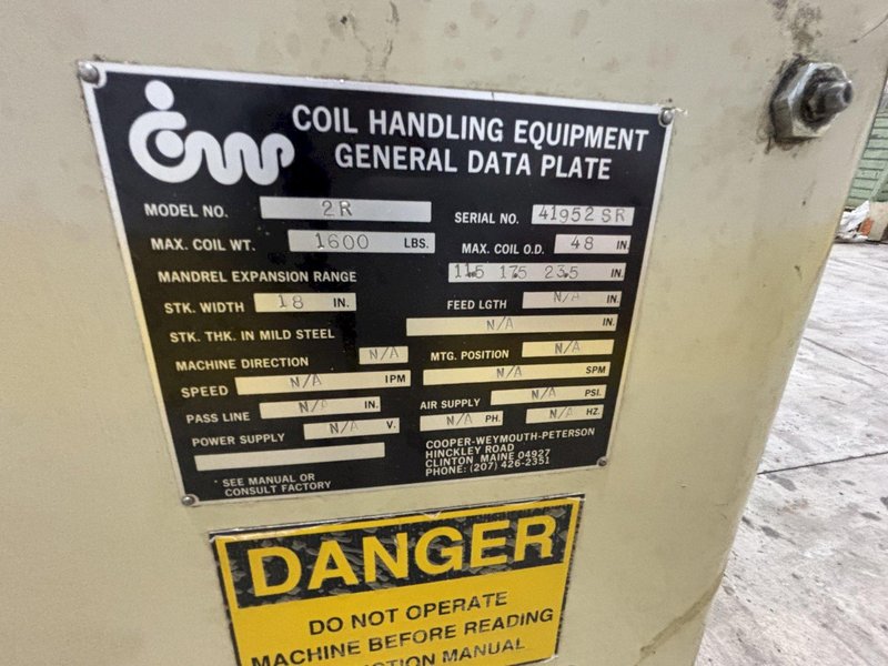 1,600 LB X 18&quot; CWP MODEL #2R  PULL OFF COIL REEL UNCOILER: STOCK #20860