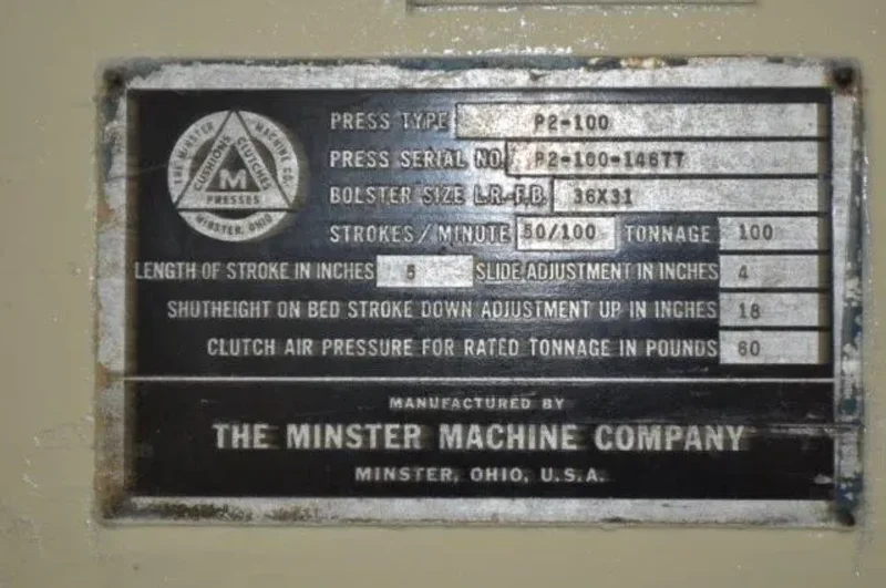 MINSTER 100 TON SSDC PRESS, STOCK# 13622J