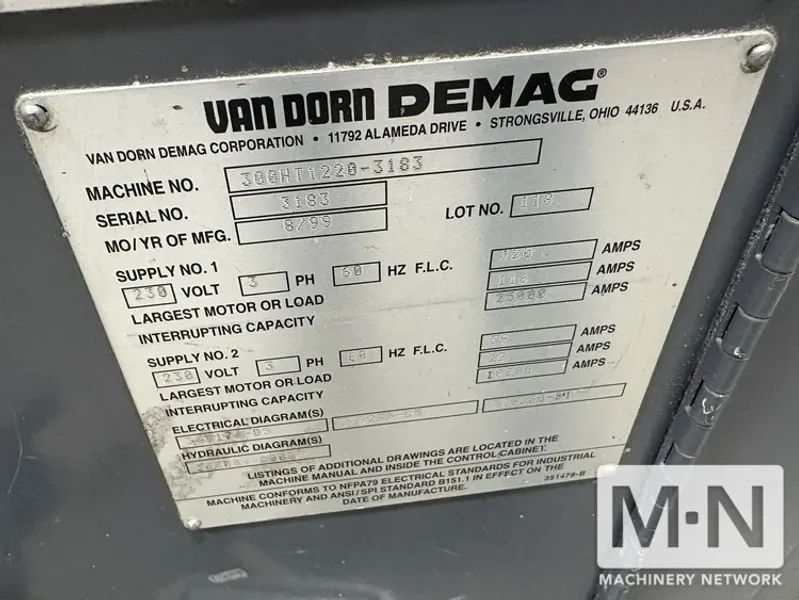 300 TON 25.4 OZ VAN DORN MODEL 300HT-1220 INJECTION MOLDING MACHINE MFG NEW 1999