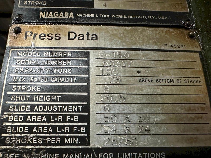 150 TON NIAGARA MODEL #E-150 OBI PUNCH PRESS 8" STROKE: YOBRO #26138