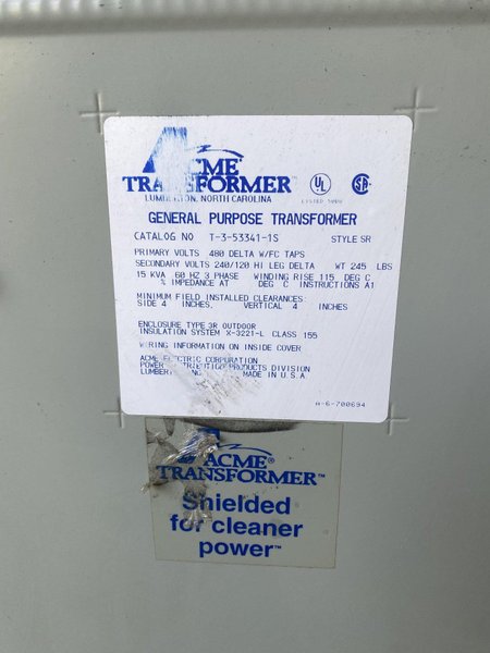 15 KVA ACME 480V TO 240V TRANSFORMER: STOCK #10848
