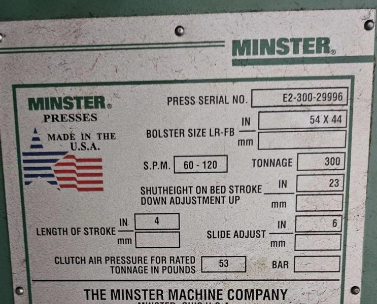 Minster Highspeed 300-ton Capacity Model E2-300-54-40 Straight Side Mechanical Stamping Press For Sale, Year 2000