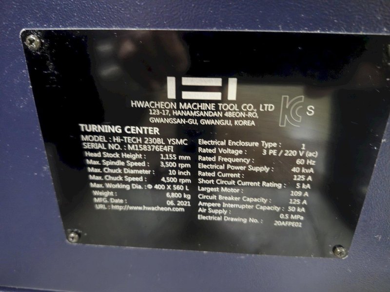 Hwacheon HI-TECH 230BL-YSMC CNC Turning Center, 3500 RPM, Live Tooling, 3-Jaw Chuck, 12 Pos. Turret, Fanuc, Imeca Bar Feeder, New 2021