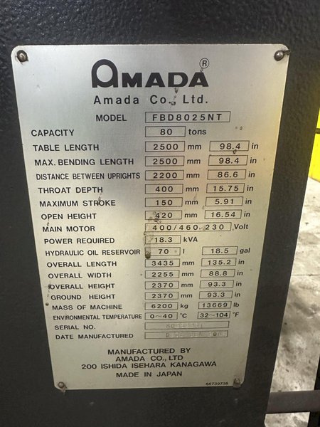 80 TON X 8&#039; AMADA MODEL #FBD-8025 NT CNC HYDRAULIC PRESS BRAKE NEW 2004 : STOCK #23473