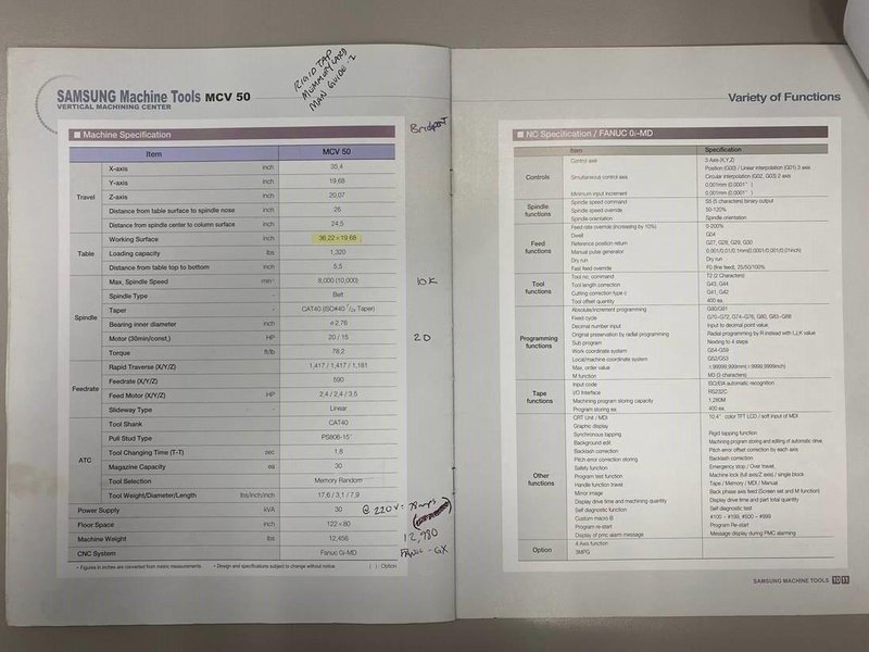 SAMSUNG MCV50 5-Axis CNC Vertical Machining Center, S/N DT50B0029, New 2010.