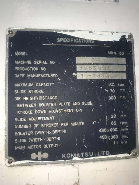 160 TON KOMATSU MAYPRESS MODEL #MKN-160 KNUCKLE JOINT FORGING PRESS: STOCK #13045