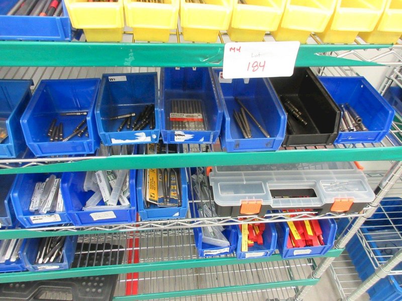Perishable Tool, Large Assortment including Screw Gun Drill Tips, Taps, Drills, Sawzall Blades and MORE on 6-Shelf 60" x 18" x 78" Metal Wire Rolling Cart- Auction Item